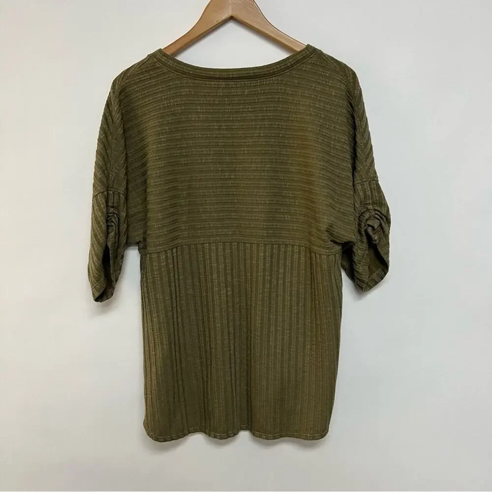 Max Studio Ribbed Short Sleeve Sweater Knit Top Olive Green Loose Fit Medium_8
